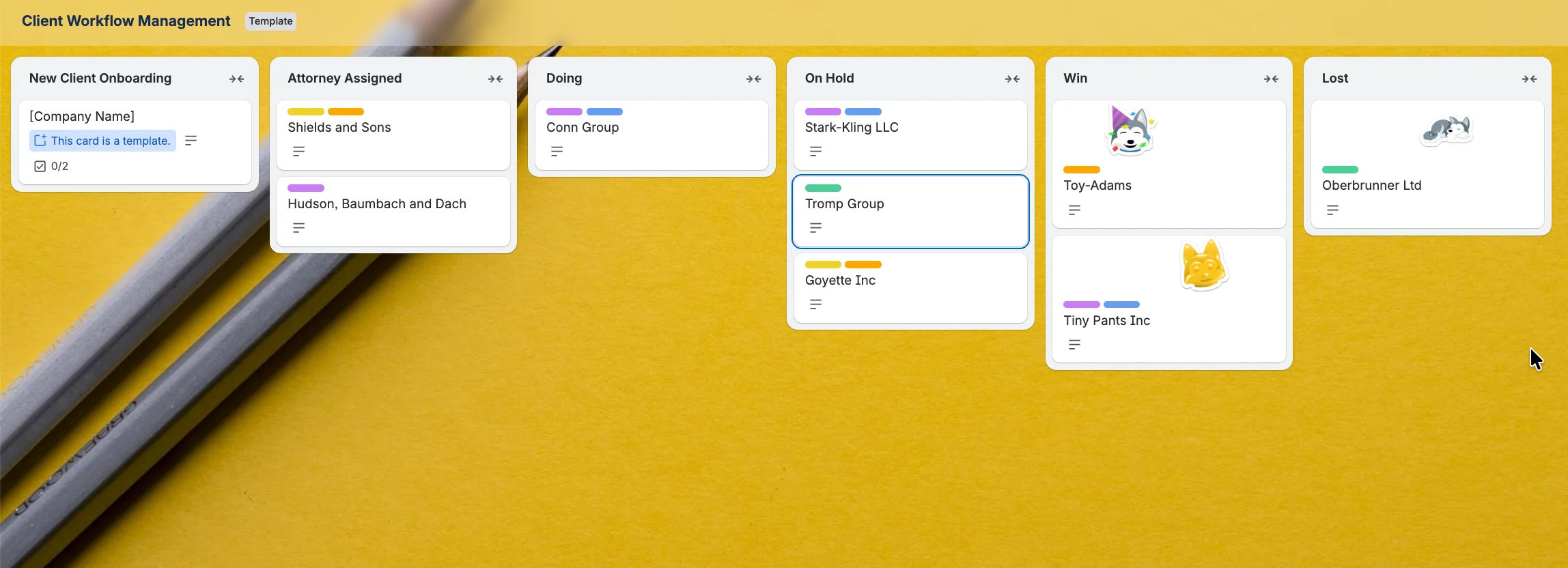 Trello board showing client workflow management with columns for onboarding, assigned attorney, in progress, on hold, won, and lost cases.